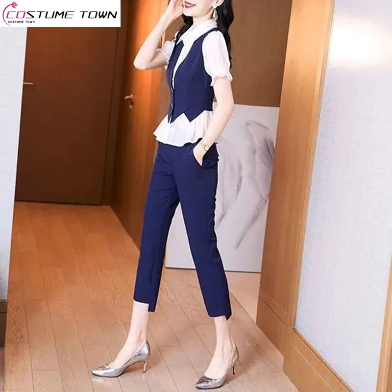 Korean Style Lotus Leaf Short Sleeved Pleated Chiffon Shirt Casual Pencil Pants 2pcs Elegant Women's Pants Set Office Outfits