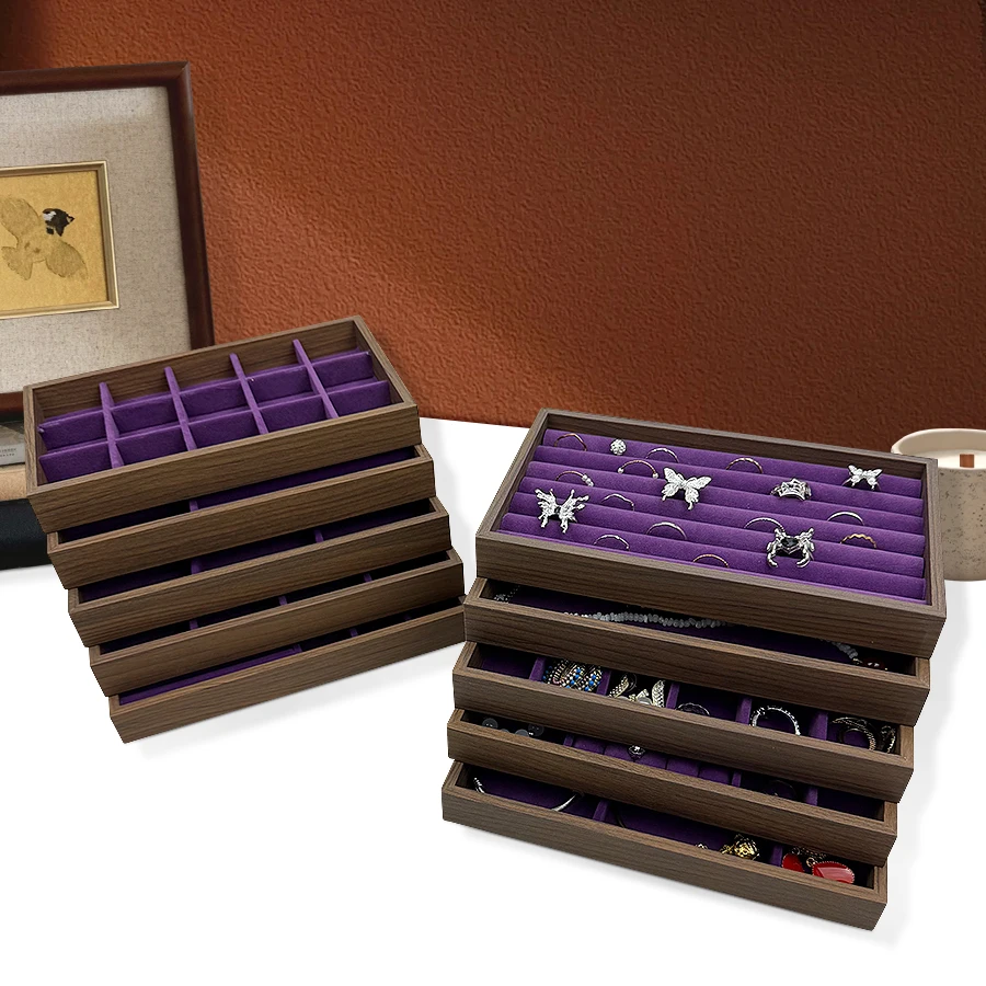 1 Pieza, Joyero con Patrón de Madera de Nogal, Bandeja para Joyas, Adecuado para Guardar Collares, Anillos, Aretes y Pendientes. Color: Violeta