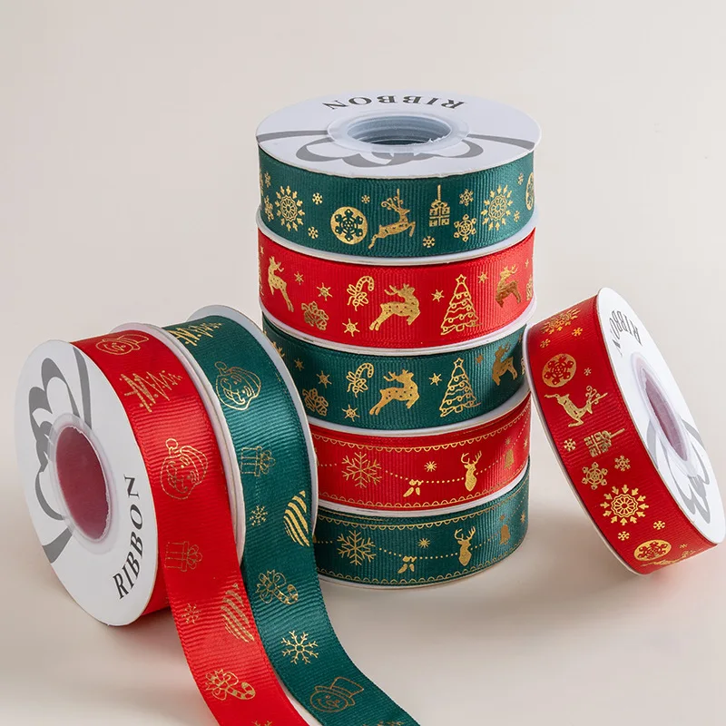 

2.5cm Polyester Ribbon with Gold Foil - Christmas Tree Gift Box Wrapping Ribbon | Festive Xmas Decorative Craft DIY Ribbon 2025