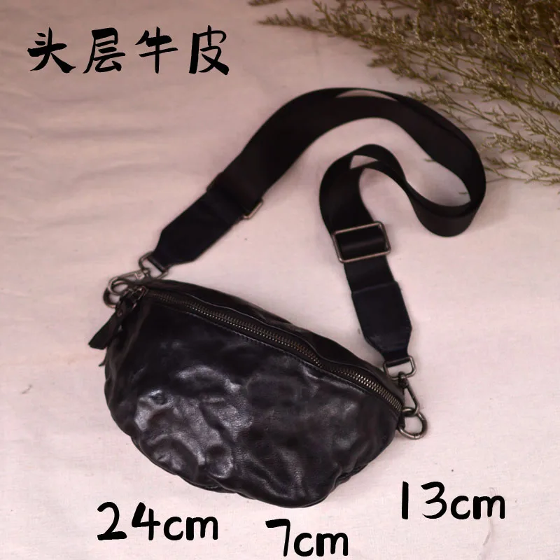 AETOO  Portable commuter personality Top layer cowhide chest bag Unisex crossbody bag Double zipper simple retro casual travel