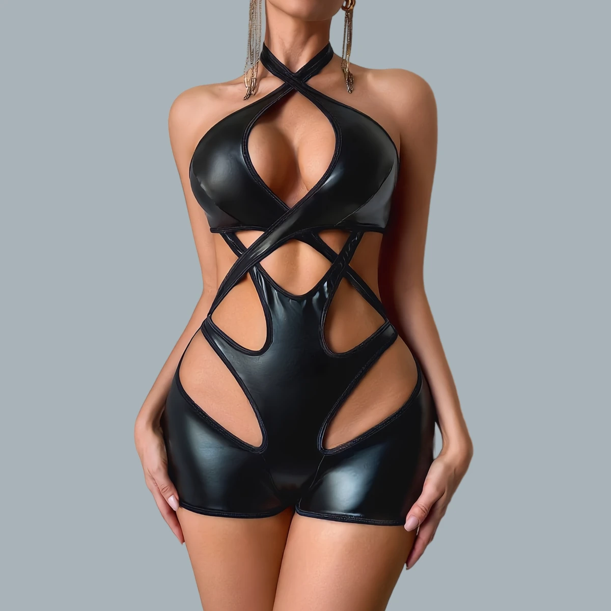 Sexy Faux Leather Cut Out Hot Lingerie Bodysuit Cross Halter Rave Romper for Festival Clubwear Women Backless Body Lingerie