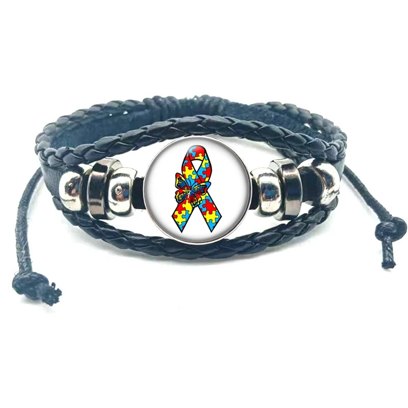 Autism Awareness Bracelet Holder Red Ribbon Puzzle Love Cabochon Glass Multilayer Charm Leather Bracelet Men Women Jewelry Gifts image 3