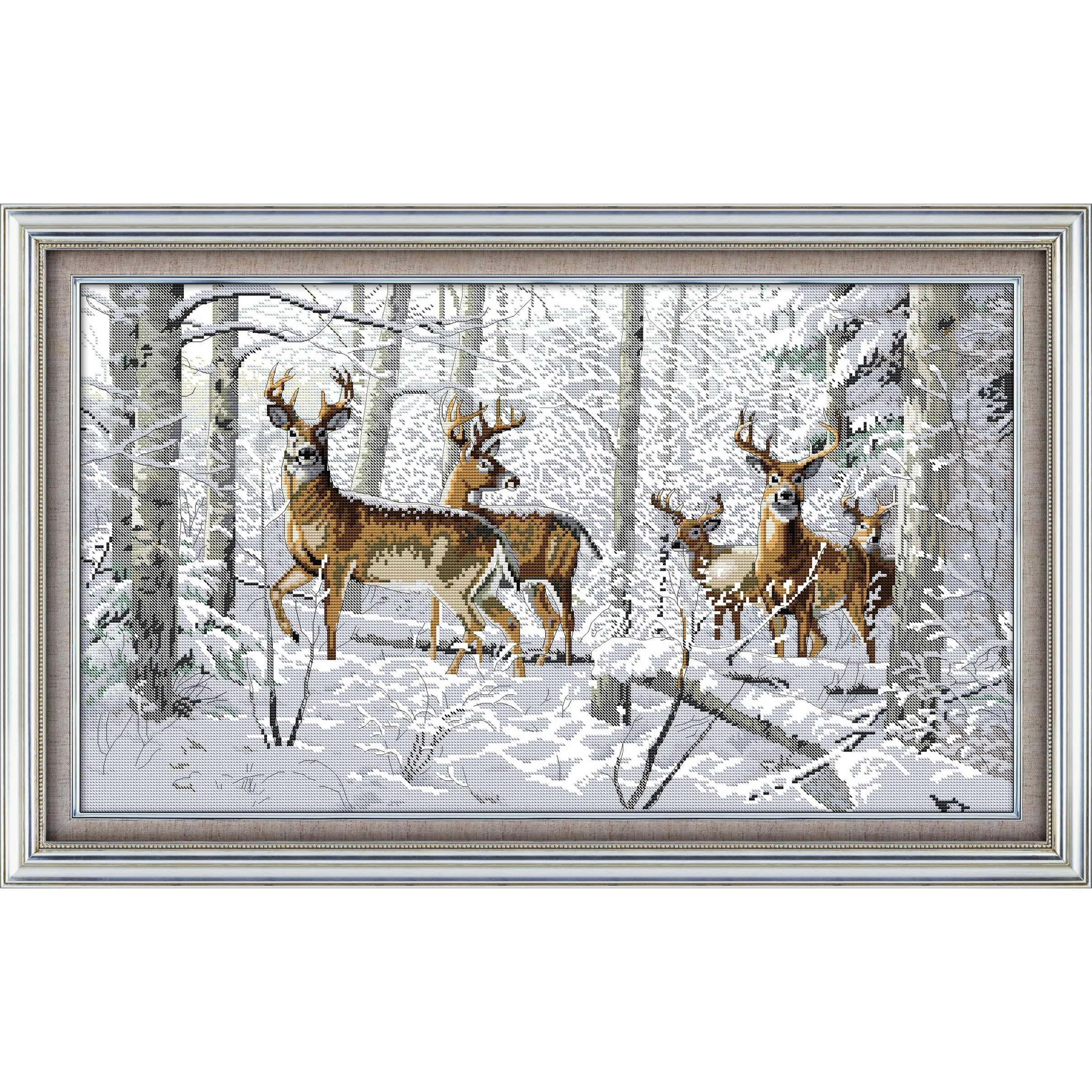 

Soulgift News Pre-Printed Cross Stitch Kit, Stamped Aida Fabric with DMC Threads, Embroidery Kit - Antelopes in The Snow
