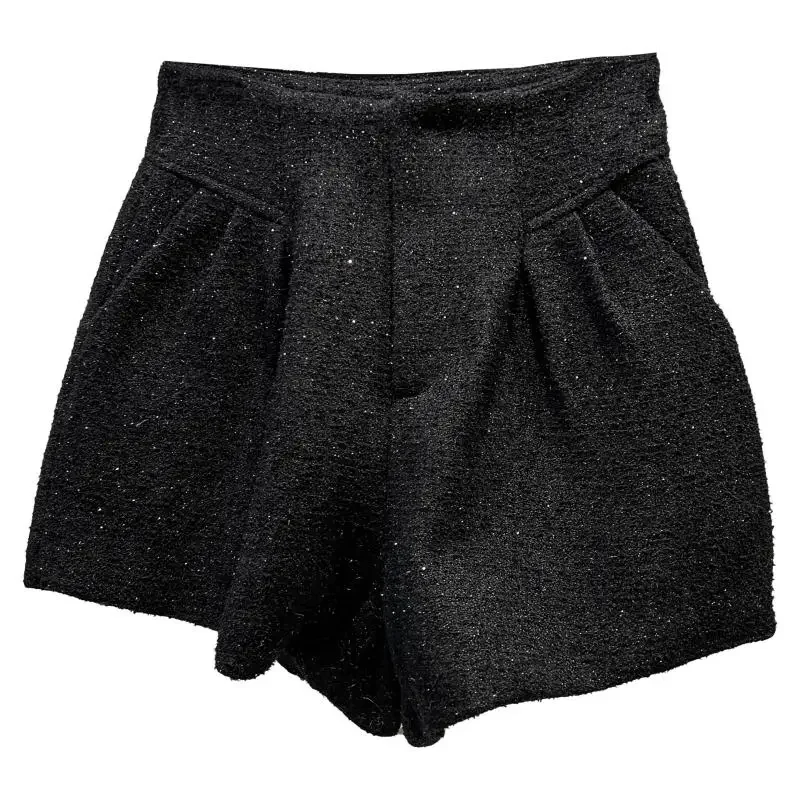 Elegant Straight-leg Shorts for Women 2024 Autumn New Double Pocket Solid Color Tweed Temperament Ladies High Waist Shorts