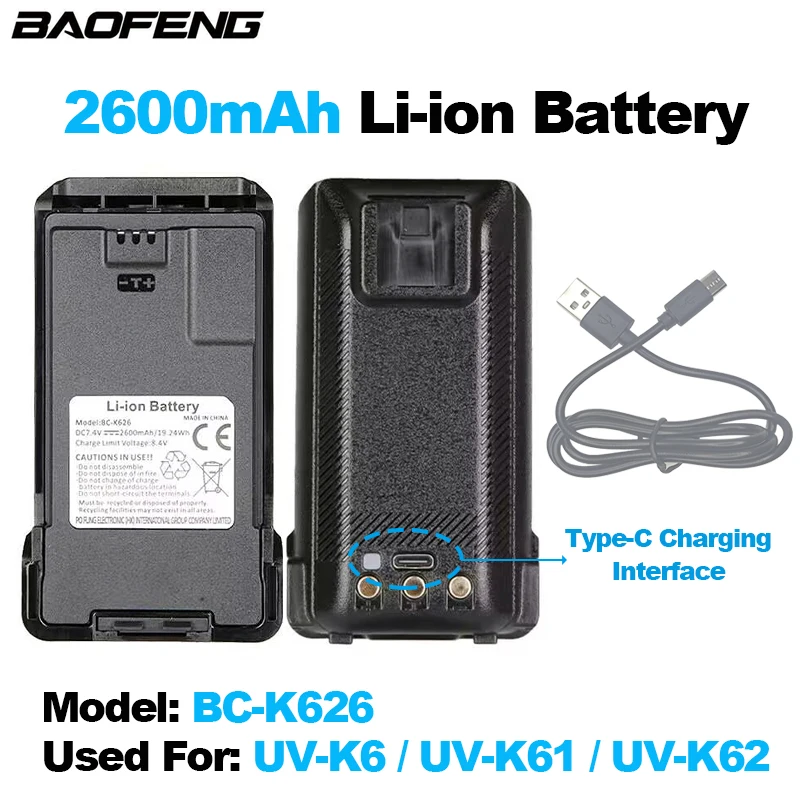 BAOFENG-batería de iones de litio para walkie-talkie, UV-K6 Original de 2600mAh, compatible con carga tipo C, UV-K61 de repuesto para UV-K62, BC-K626