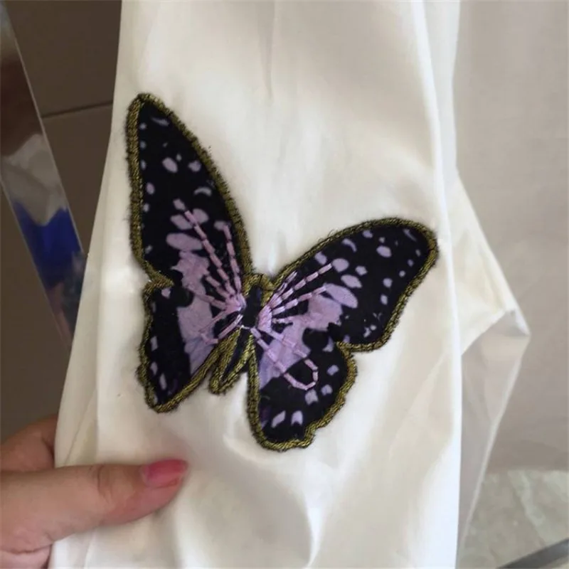 Womens Trendy Butterfly Embroidery Button Up Shirt Simple Casual Lapel 3/4 Sleeve Blouse White Loose Irregular Tops Blusas Mujer