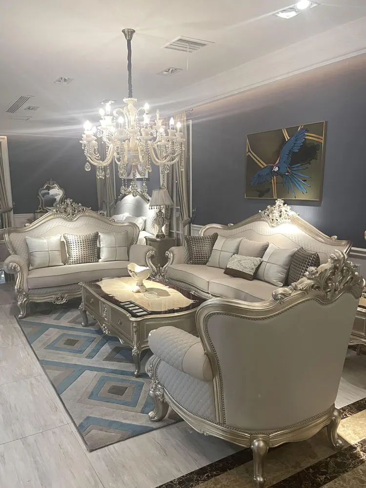 

European sofa leather combination luxury American size apartment solid wood carving three-person villa luxury furniture