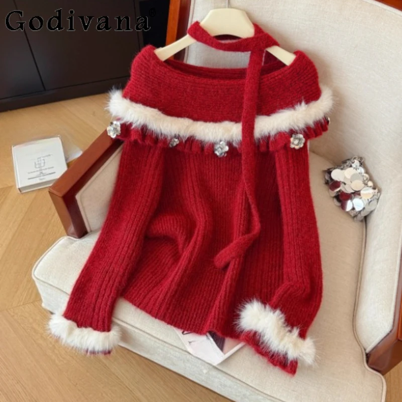 

Women Winter Contrasting Color Splicing Christmas Sexy Slash Neck Sweater Fashion Age Reduction Sweet Solid Color Knitted Top