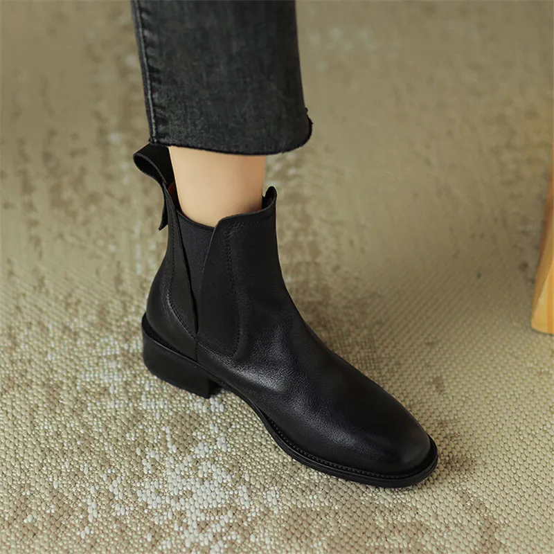 Genuine Leather Short Boots Autumn/Winter Women Shoes Round Toe Chunky Heel Boots for Women Fashion Retro Ankle Boots Handmade