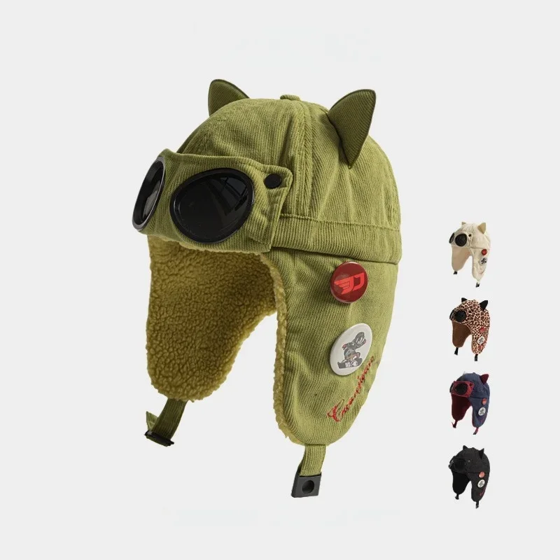 

New Kids Girl Boy Pilot Hat with Goggles Cotton Fleece Lined Earflap Cap Cat Ears Winter Warm Thickened Family's Aviator Hat