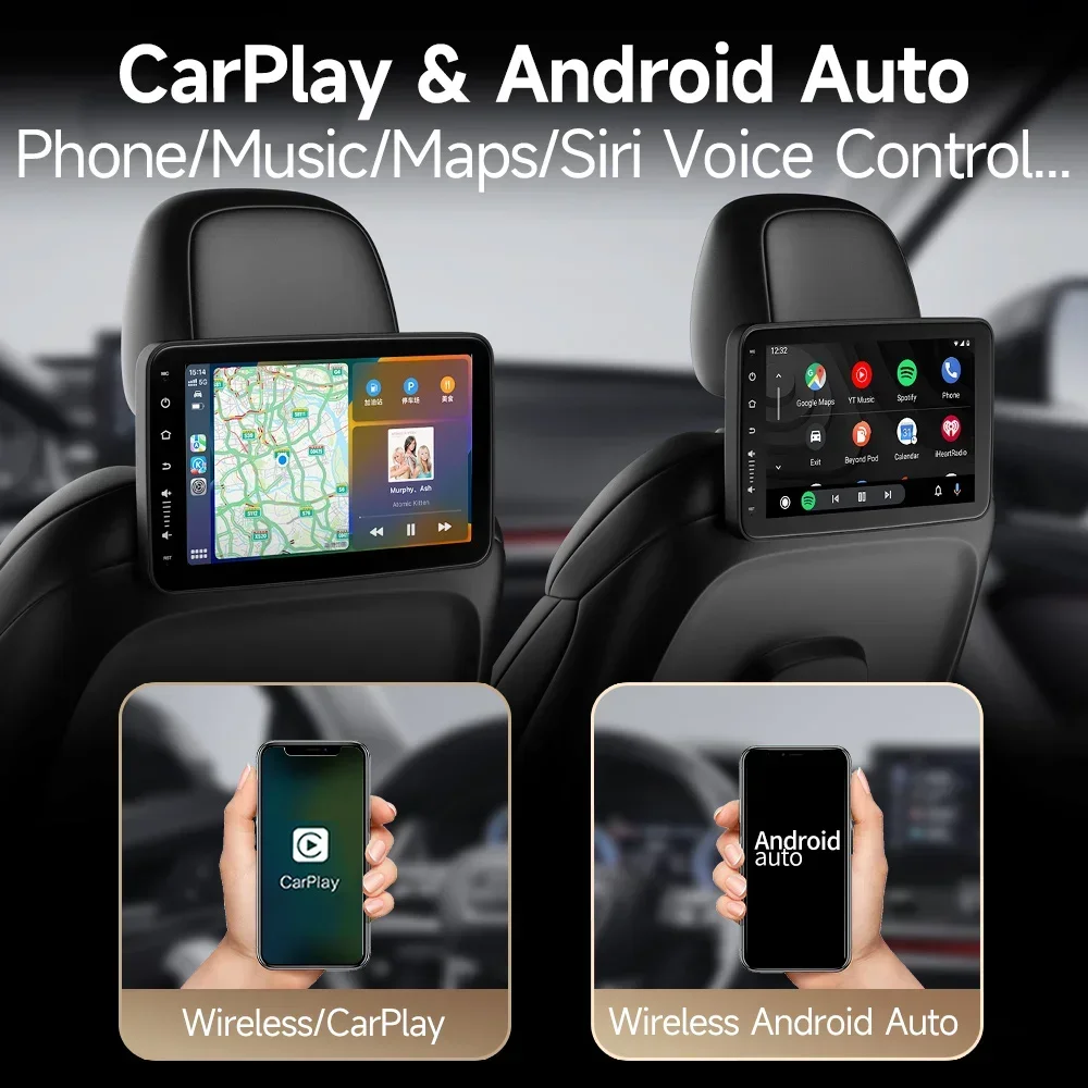 Headrest Monitor Tablet Wireless Carplay Android 12 Auto Car Rear Seat Video Player FM Bluetooth AirPlay Input Full Touch Screen