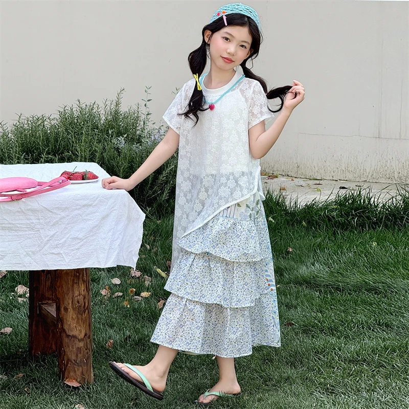 Children Clothes Girls Summer 2026 White Spaghetti Strap Top with Mesh Short Sleeve Shirt and Floral Print Skirt 110-170cm
