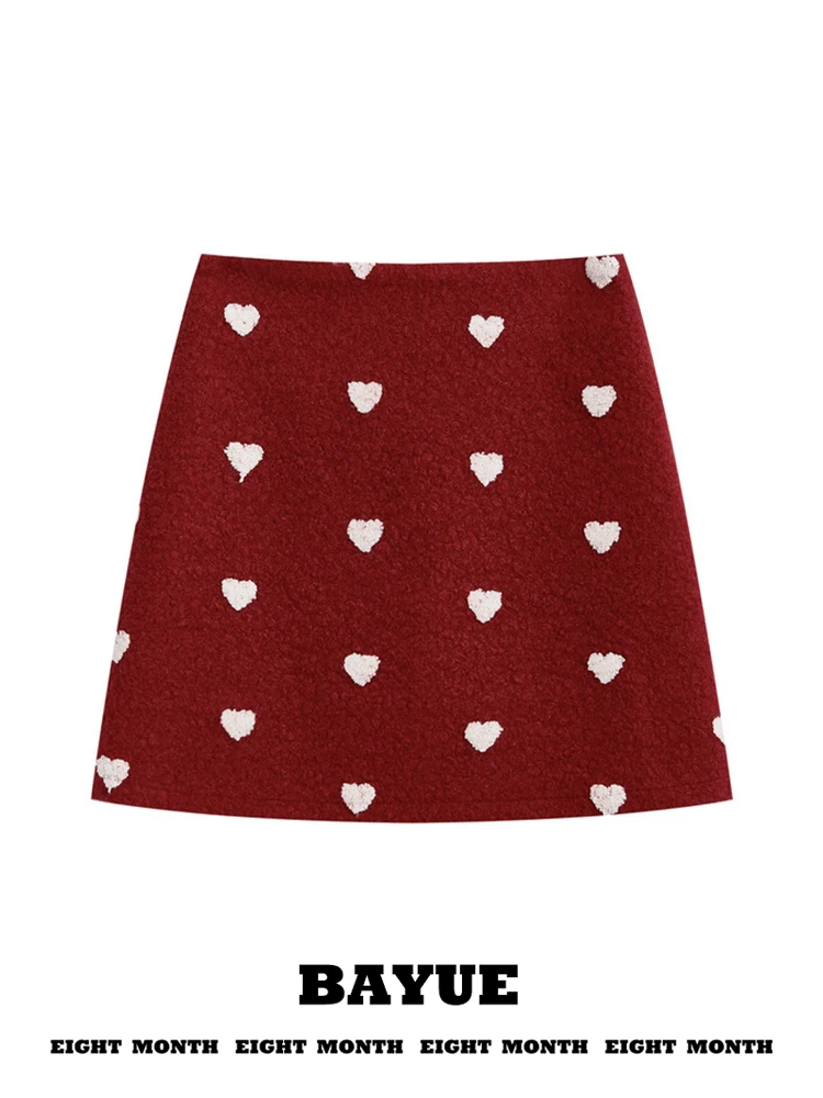 Red Love Heart Lamb Fur  Skirt A-Line Wrap Body Warm Autumn Winter Japanese Style Cute Small Size Women's Skirts