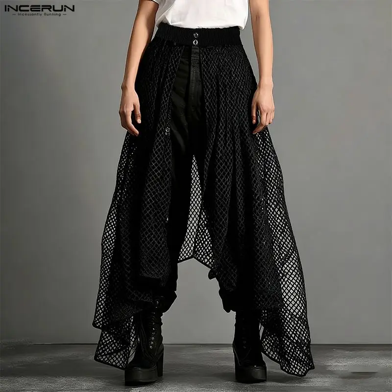 INCERUN Men Irregular Skirts Mesh See Through Elastic Waist Men Bottoms Streetwear Loose Personality Fashion Casual Male Skirts