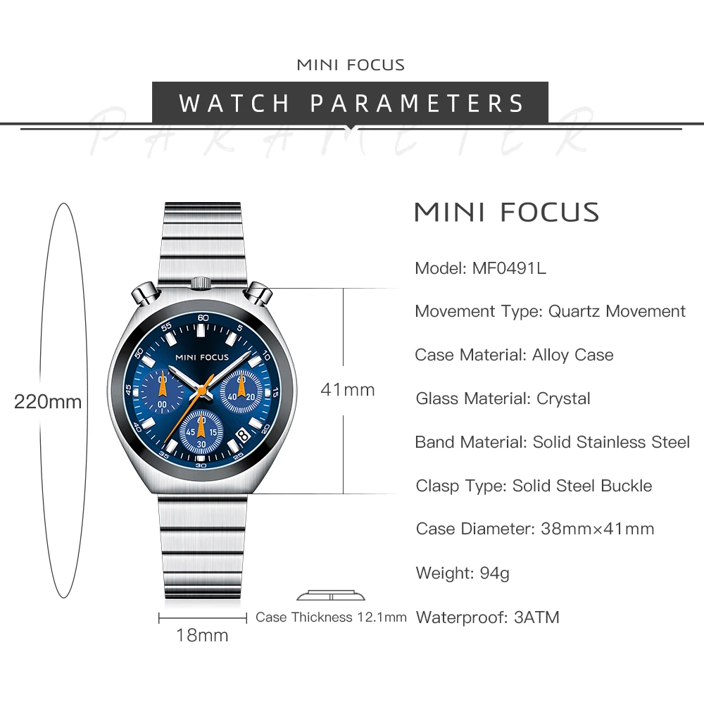 MINI FOCUS Elegant Blue Quartz Ladies Watches Top Brand Luxury Chronograph Waterproof Women Watch Steel Strap Luminous Hand 0491