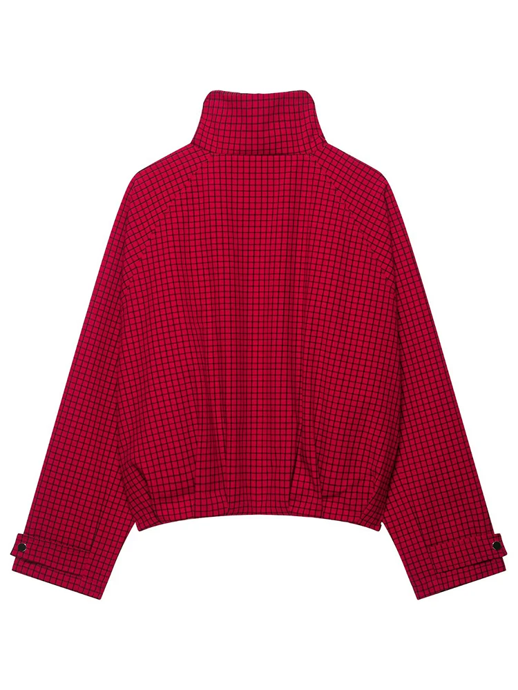 HH Vacation Casual Red Plaid Stand Collar Full Zip Cropped Jacket Women Fall Outdoor Travel Relaxed Fit Chic Stylish Outerwear