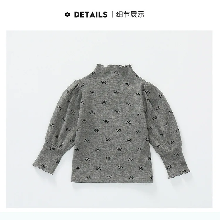 Neues Herbst-Winter-Kindermädchen-Unterhemd mit Schleifenmuster, langärmelig, Rüschen, Stehkragen, weich, warm, lässig, Innenoberteil – Detail 5