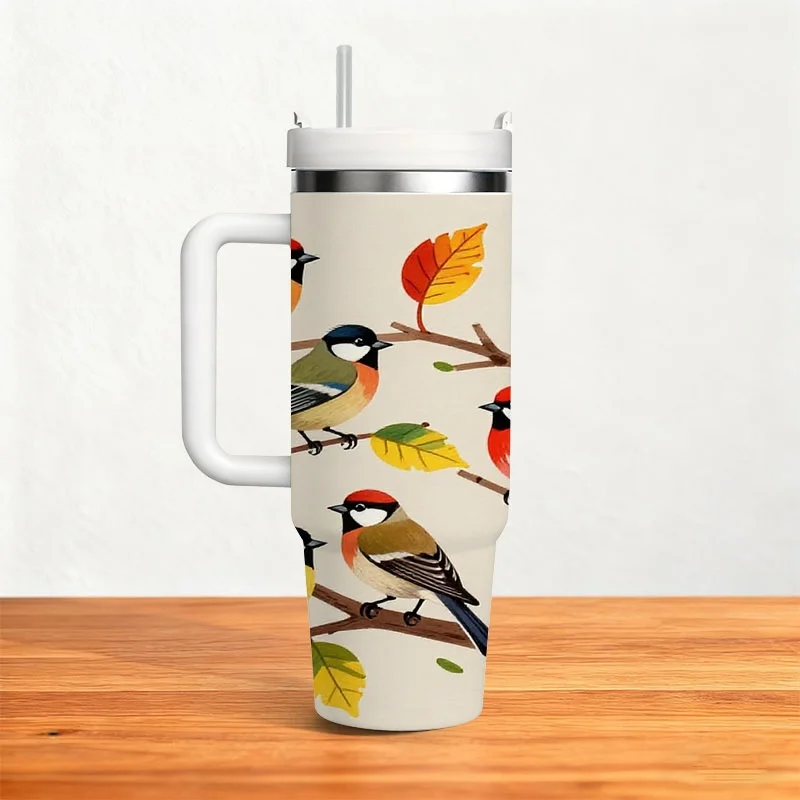 40oz Cream Base Autumn Colorful Birds Branch Fall Leaf Print Insulated Stainless Steel Travel Tumbler With White Handle Straw Lid Large Thermal Cup