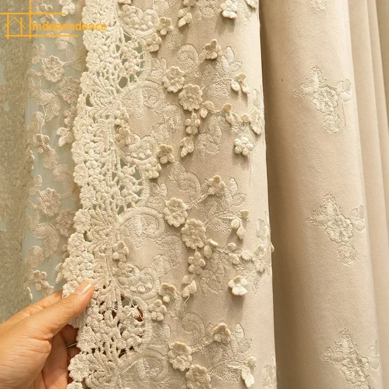 

New French Embroidered Velvet Curtains Living Room Bedroom American Retro Milk Tea Color Floor-to-ceiling Windows Customized