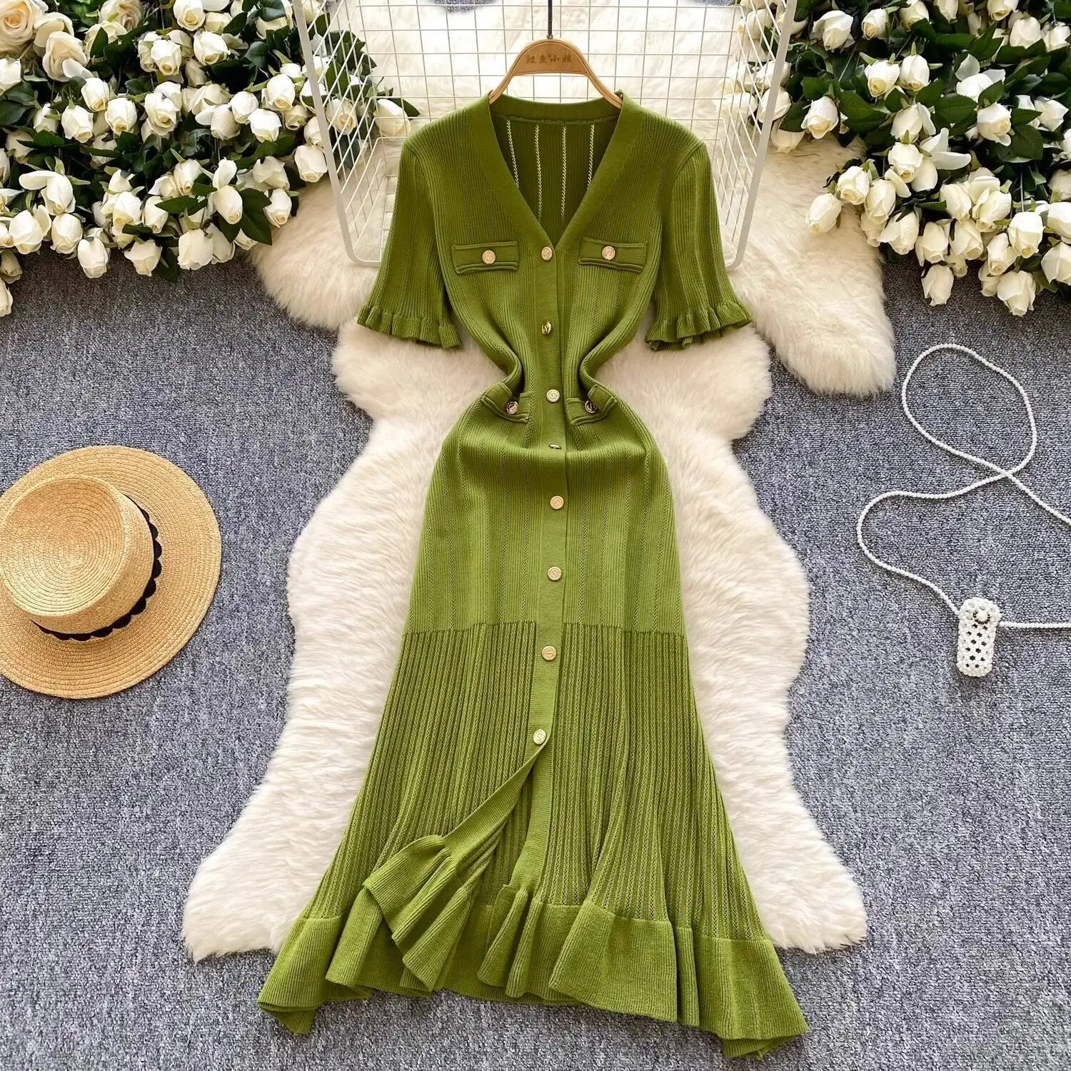 

ANHUHU Brand Fashion Vintage Knitted Long Spring Summer Women Elegant V-Neck Ruffled Bodycon Sweater Dress Party Vestido