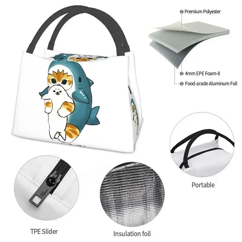 Cartoon Anime Animals Cat Shark Insulated Lunch Bag for Women Portable Thermal Cooler Lunch Box Office Picnic Travel