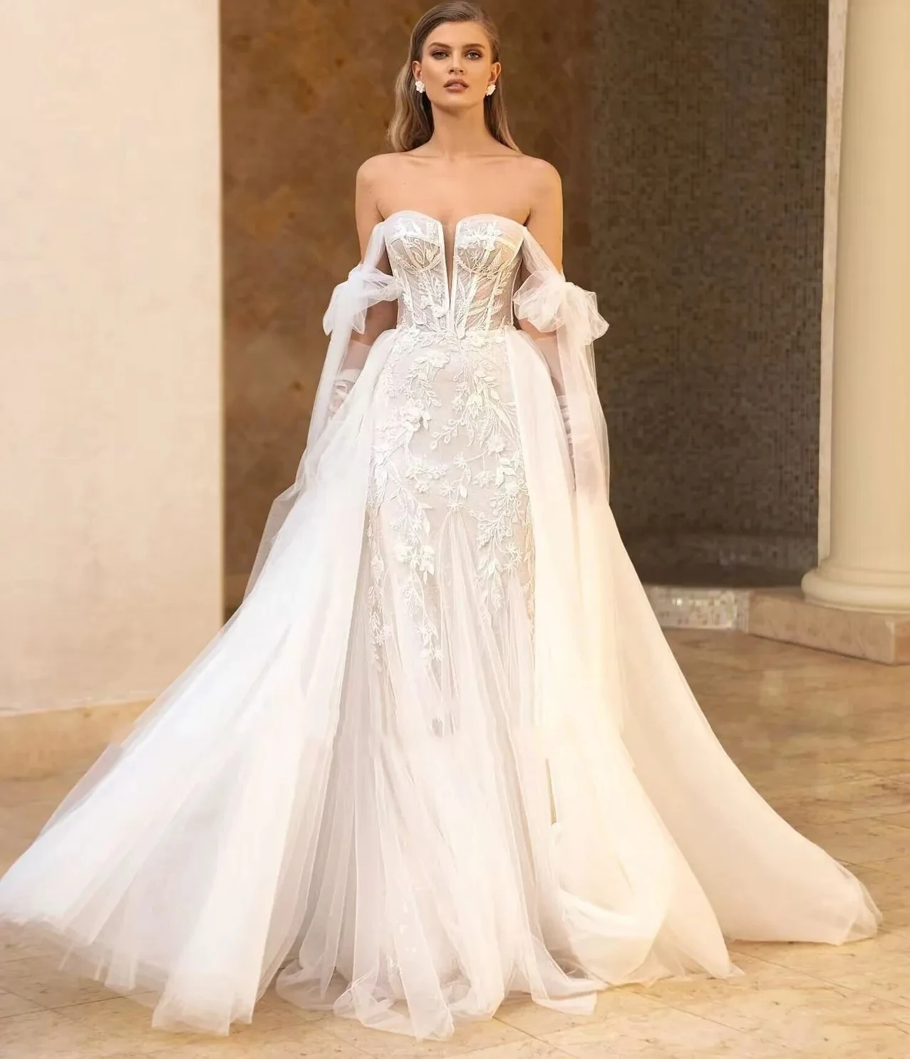 Luxury Mermaid applique Wedding dress Sweetheart bow with detachable skirt Beach bridal dress no gloves Vestidos De Novia