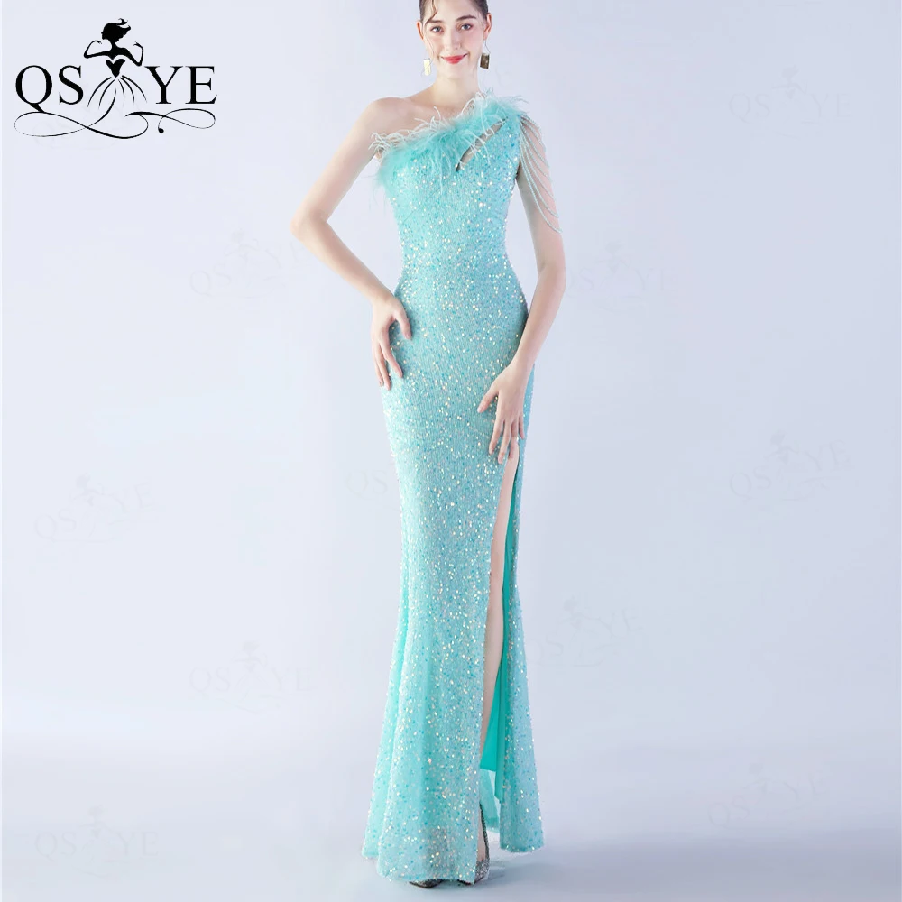 

Fresh Look Mint Prom Dresses Feathers Fur Beading One Shoulder Mermaid Evening Gown Sparkle Lace Sequined SplitWomen Party Dress