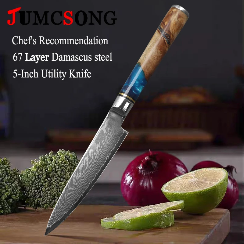 Jumcsong 5-Zoll-Multifunktions-Küchenmesser Universal messer 67 Schichten Damaskus Stahl klinge Harz Holzgriff Kochmesser