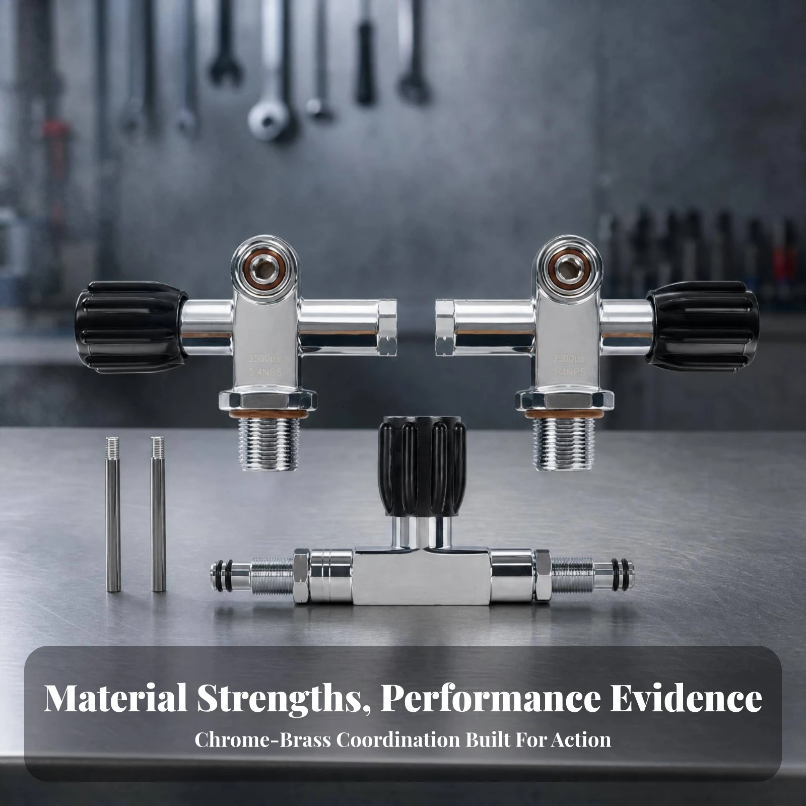 Double Cylinder Valve Assembly Threaded Metal Ends Twin Tank Valve Underwater Equipment Black Ribbed Handwheels