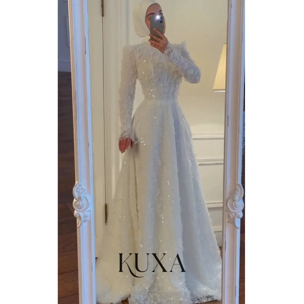 KUXA Maßgeschneidertes Luxus-Brautkleid mit Pailletten und Perlen für die Braut, Stehkragen, Dubai, arabisches Hijab, muslimisches Hochzeitskleid, Robes De Mariée