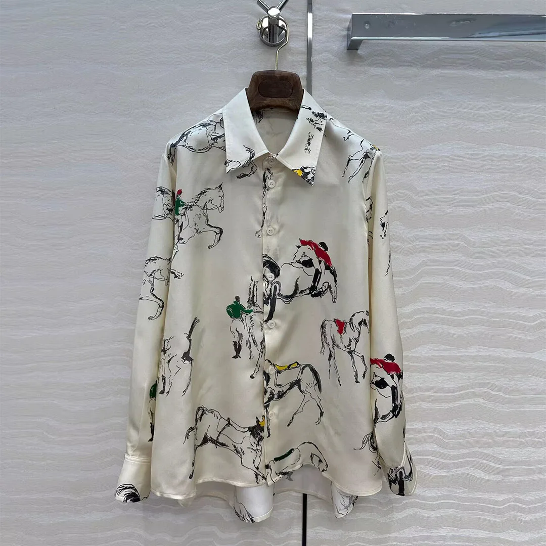 

French Elegant Lady 2025 New Autumn Office 100% Twill Silk Shirt Women Cartoon Print Lapel Long Sleeve Loose Casual Blouse Tops