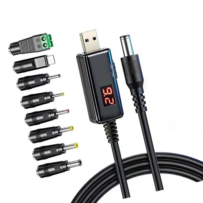 652F Portable USB to DC5.5mm 5V/9V/12V Charging Cable With Digital Display Voltages And 8 Connectors For Electronics