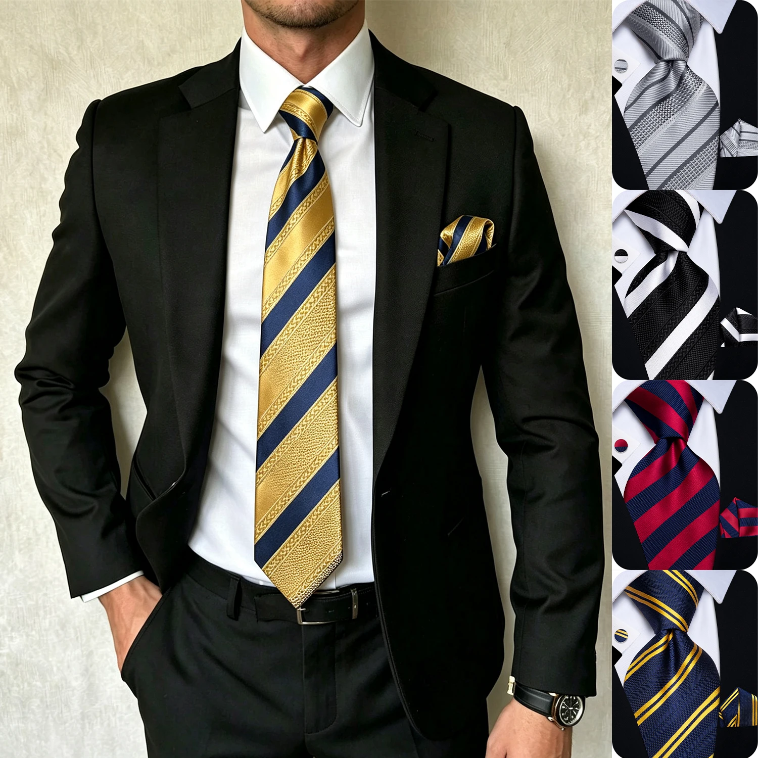 3Pcs Striped Mens Tie Set Formal Necktie Hanky Cufflinks for Wedding Groom Business Office Party Banquet Interview Daily Wear