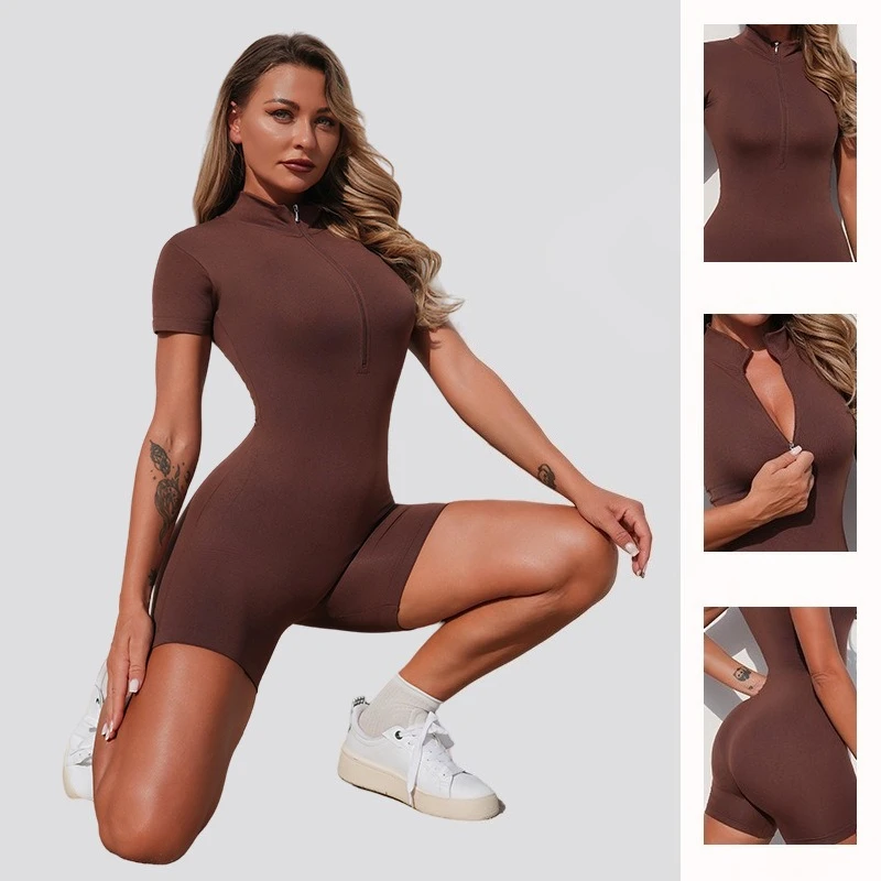 

Women's Zip Up Yoga Bodysuit Shorts Seamless Gym Workout Outfit No Chest Cushion Running Fitness Activewear
