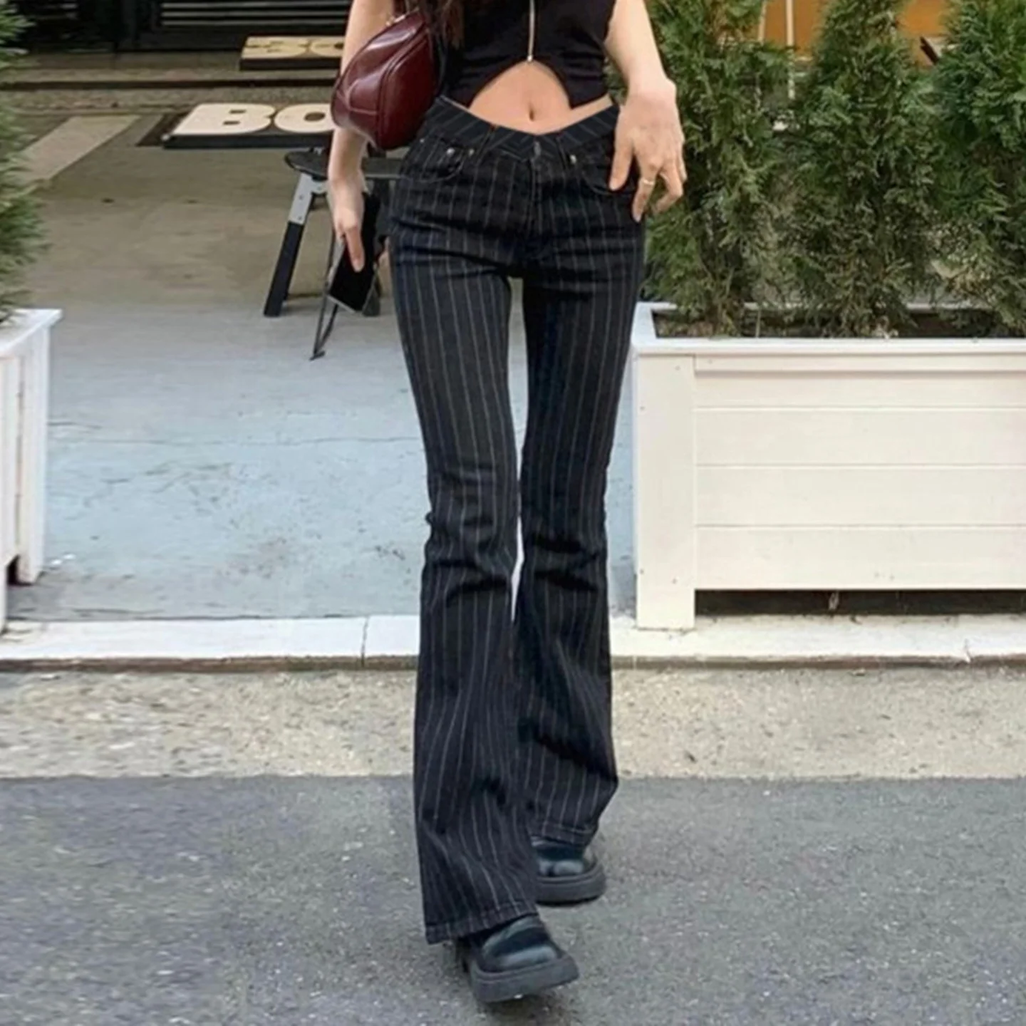 2000s Clothes Y2k Low Rise Boot Cut Jeans Woman Casual Black Striped Denim Trousers Streetwear Flare Pants Orevena