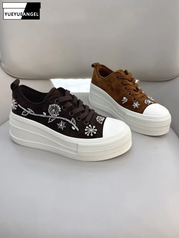 Autumn New Ladies Diamond Beading Genuine Leather Pumps Casual Shoes Fashion Women Lace-Up Height Increasing Cow Suede Footwear