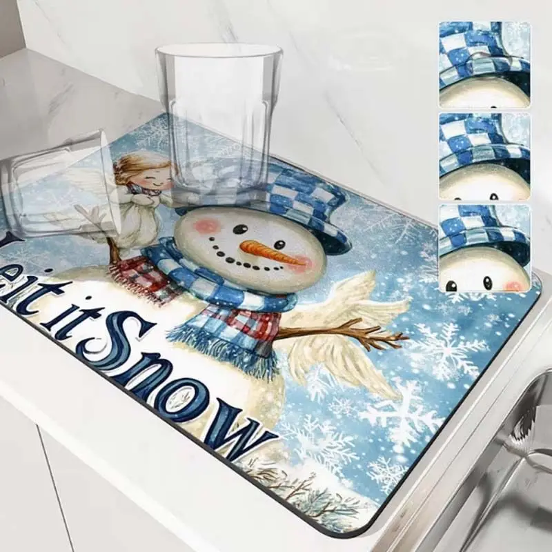 VIKAMA Winter Christmas Dish Mat Cute Snowman Kitchen Countertop Absorbent Heat Resistant Quick Dry Mat Table Home Decor