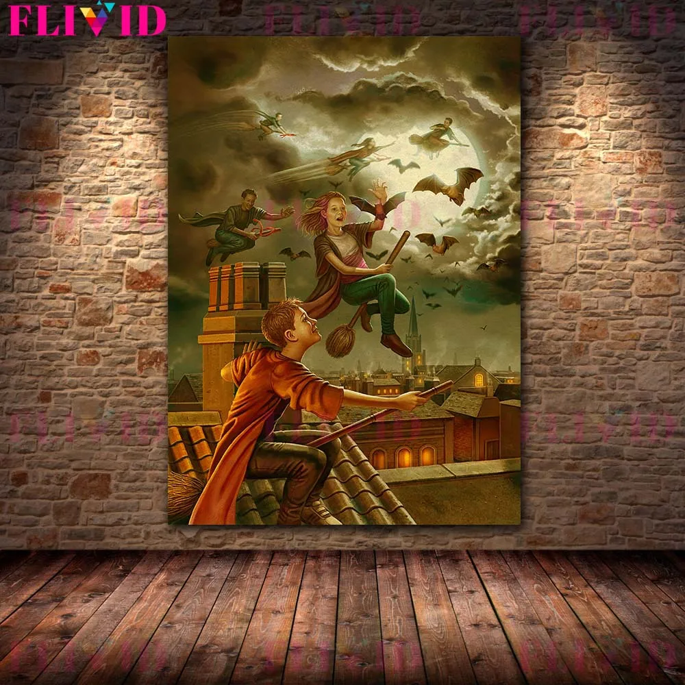 Black Magic Cat And Flying Witch Vintage Wall Art Canvas Painting The Crystal Ball Magic Of The Divining Witch Art Poster Print