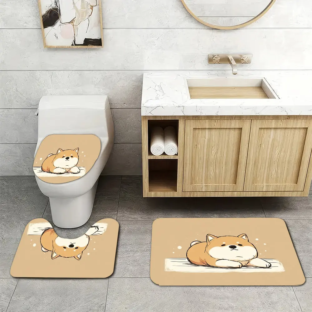 

3pcs Super Soft Bathroom Floor Mats Set, Non-slip Backing, A Cute Chubby Shiba Inu Lying On Its Stomach with Two Front Paws Prin