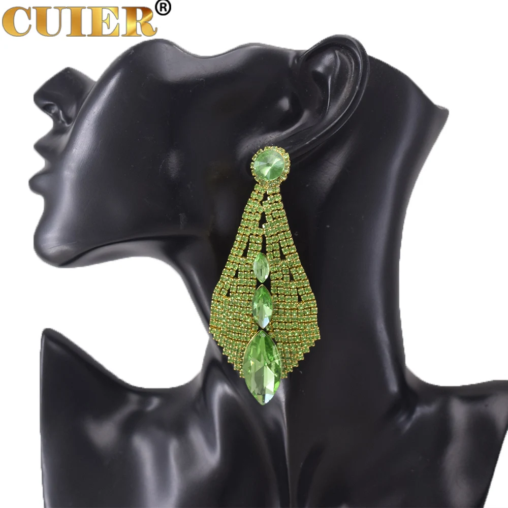 CUIER 8.6cm Light Green Gorgeous Drop Earring for Wedding Jewelry Rhinestones Crystal Accessories Big size Earrings Festival