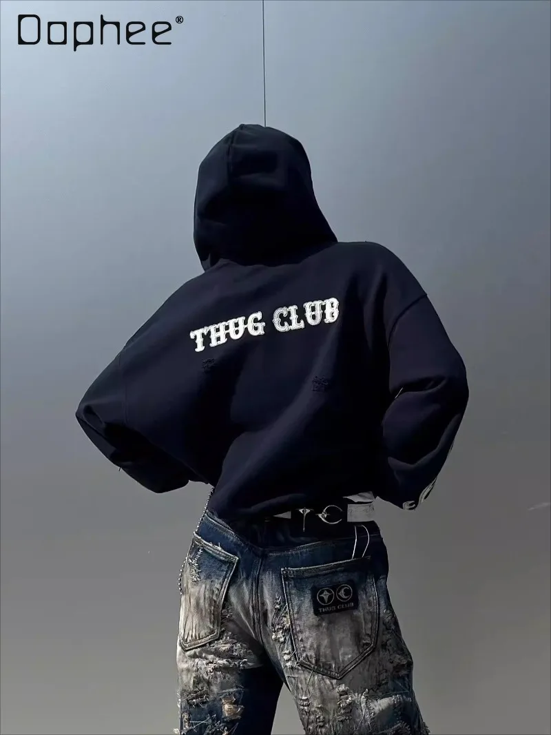 

Street Style Distressed Embroidered Goth Zipper Jackets for Women American Retro Cool Loose Casual Zipper Hoodie Spring New