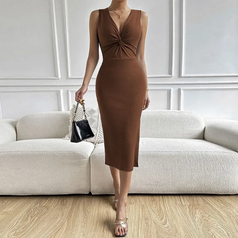 

2024 Summer New Cross-border European and American Women's Clothing Sexy V-neck Kinked Waist-wrapped Hip-split Sleeveless Dress