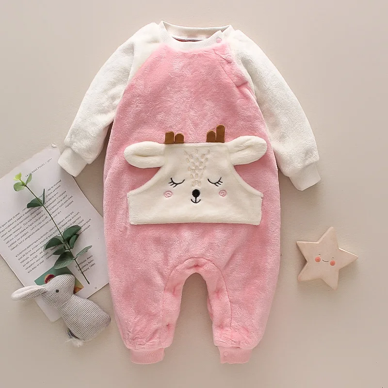 

Infant Girl Jumpsuit Cartoon Deer Pocket Baby Clothes Pink Romper Toddler Playsuit Thicken Warm Kid Outfit Children Romper A723