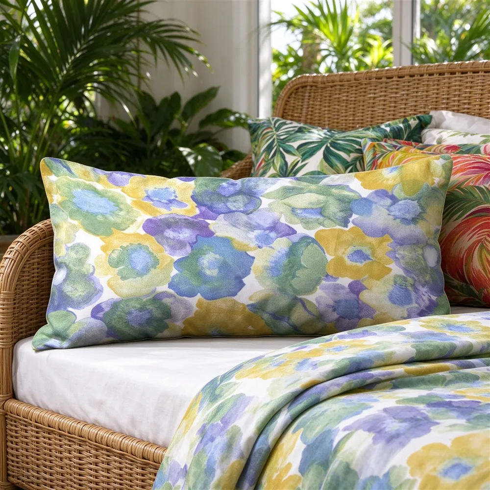 Blue Green Yellow Tropical Mix Print Long Pillow Cover, Tropical Style, Guest Bedroom Decorative, Polyester, Staging Decor