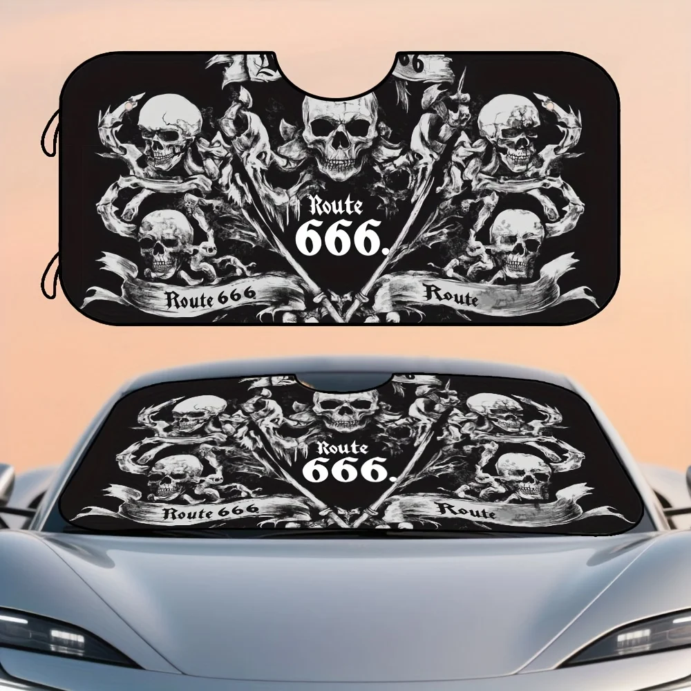1pc, Skull Skeleton Gothic Art Print Car Front Windshield Sun Shade, Foldable Sun Visor, Ideal For Morning Commutes, City Parkin