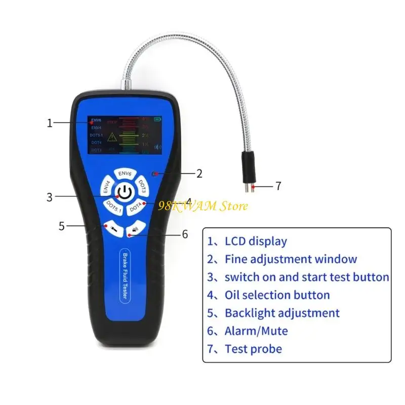 Brake Fluid Tester with Color Display and Metal Tip for Brake Fluid Check, DOT-3 DOT-4 DOT-5.1 ENV4 ENV6 Labels, Blue Black 68UF
