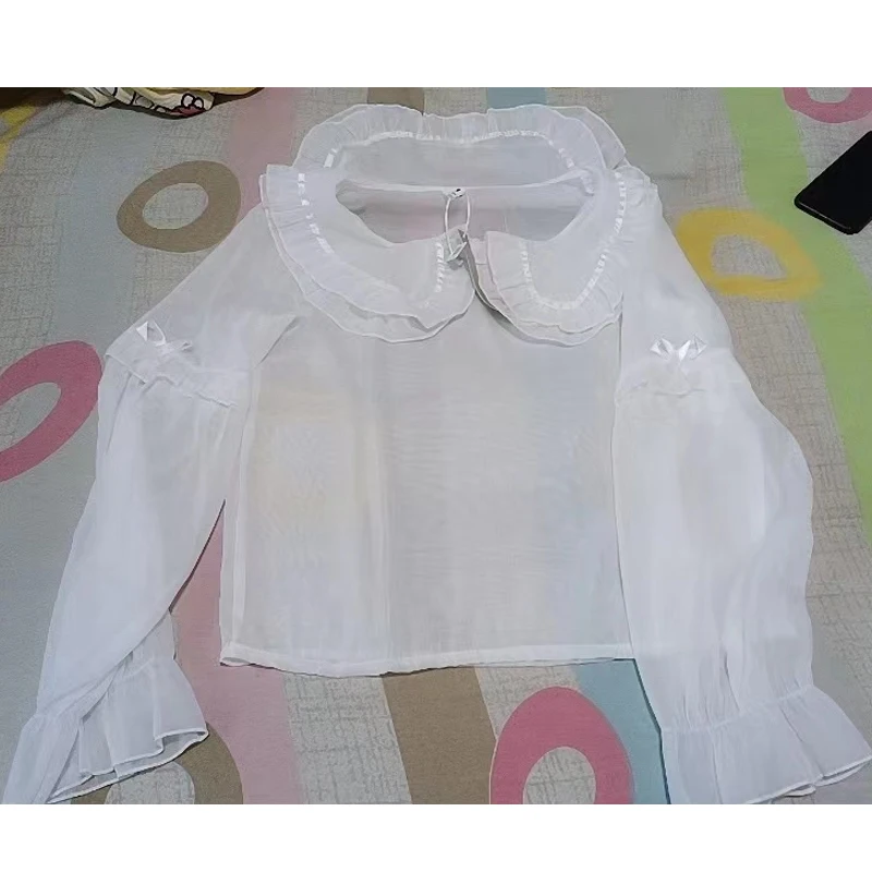 Lolita Lace Collar Blouse for Teens, Peter Pan Collar, Vintage Shirt, Korean Tops for Ladies, Black and White, Club Wear