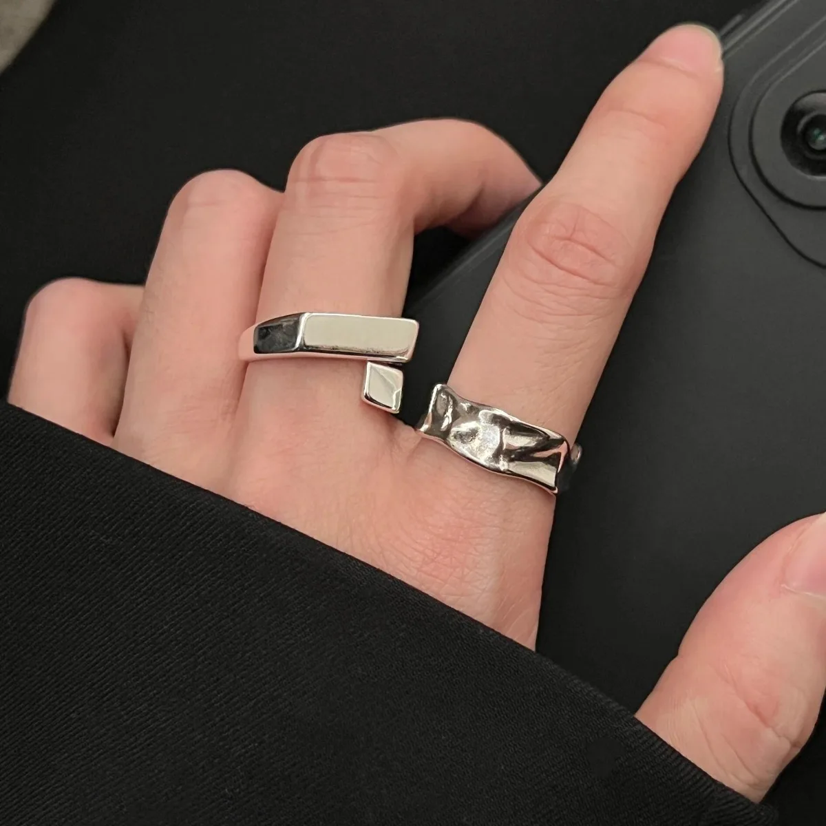 Korean Irregular Square Matte Open Ring for Women Minimalist Concave Convex Retro Hip Hop Silver Tone Finger Band