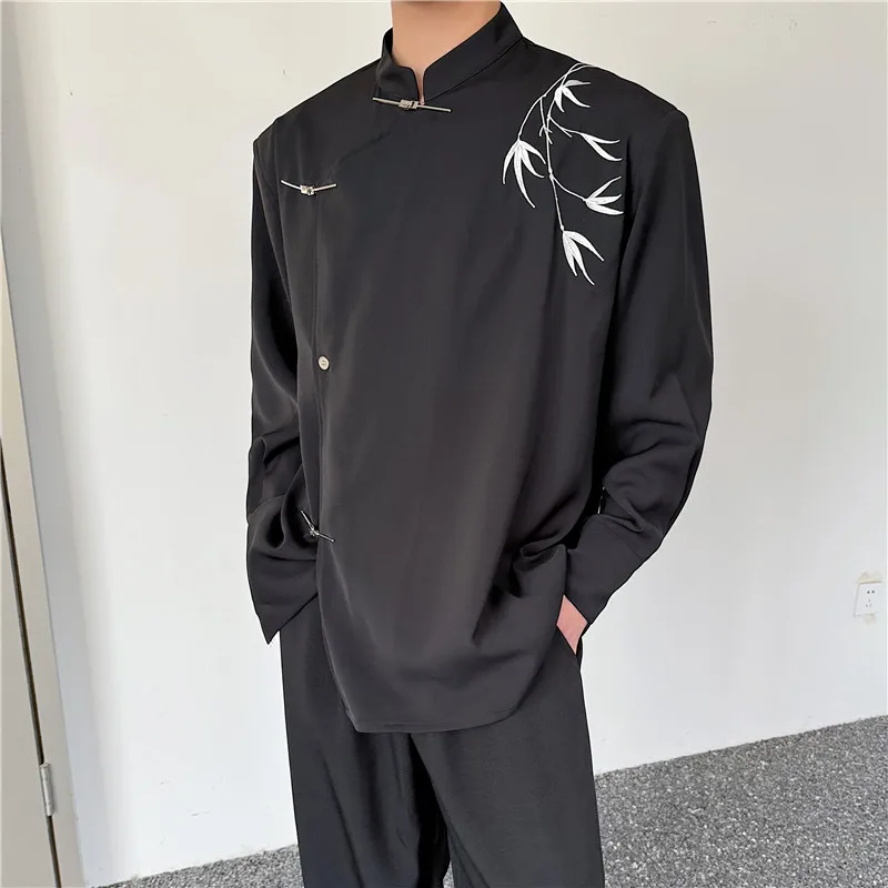 

SYUHGFA 2024 Spring Shirt New Chinese Style Embroidery Long Sleeve Stand Collar Single Breasted Shirts Casual Men Clothing Tops