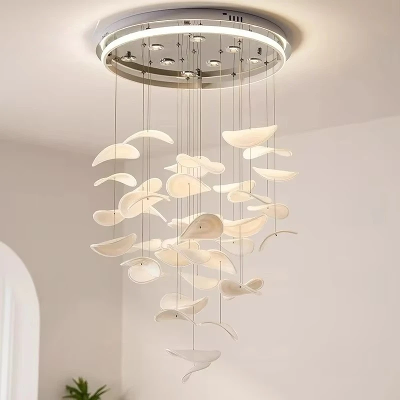 

Modern Creative Decorative Art White Chandelier Light Luxury Lotus Leaf Staircase Villa Living Room Restaurant Ceiling Lamp